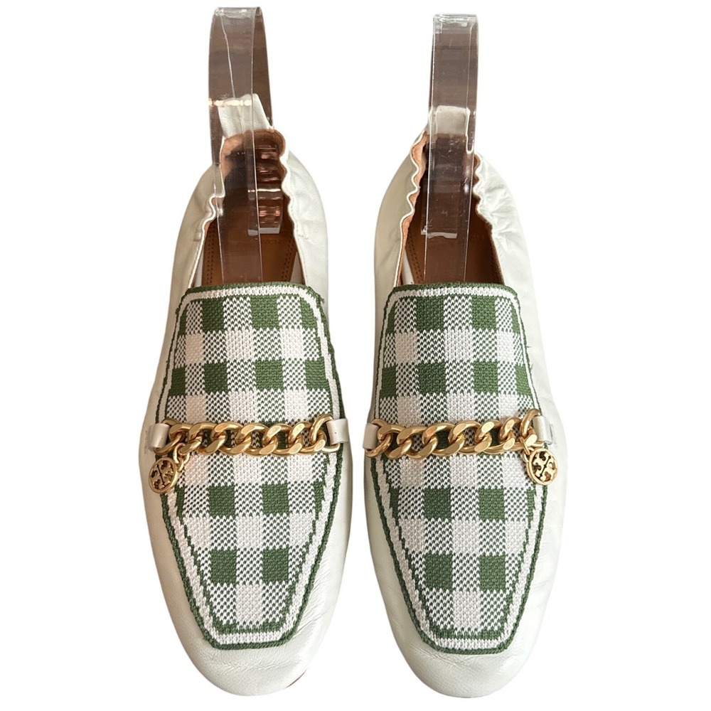 Tory Burch Mini Benton Gingham Chain Charm Loafers Ivory Green Size 8